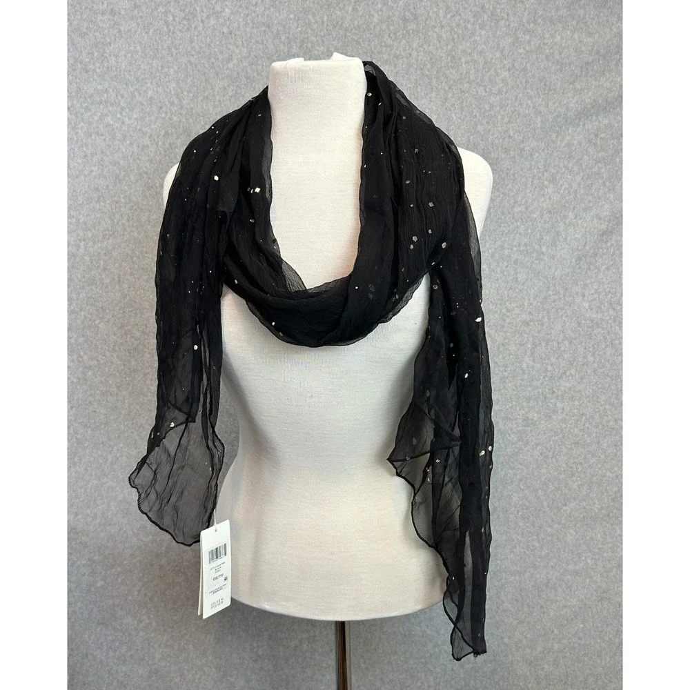 Eileen Fisher Sheer Silk Scarf Black Foil Sprinkled Crinkle Silk Gold Silver NEW